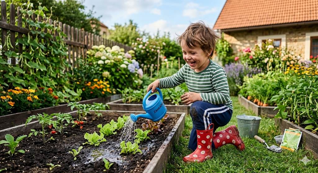 chlapeček zalévá zahrádku